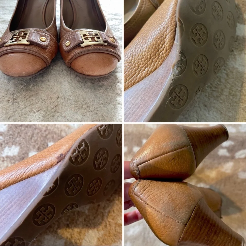 Tory Burch Cognac Leather Wedge Pumps with Gold Logo Accent